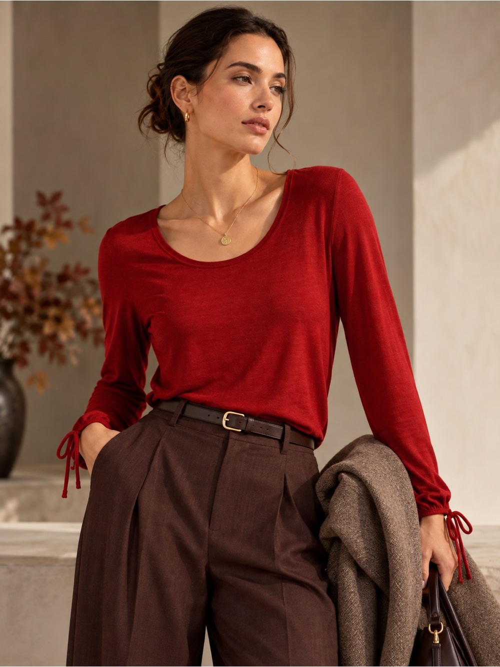 Massimo Dutti Red Scoop Neck Knit Top Tie Cuff Long Sleeve M